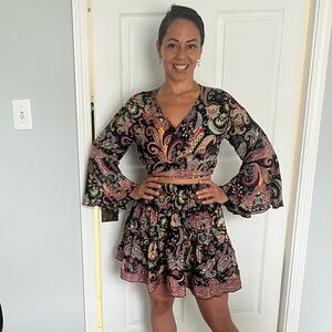 Boho Paisley Silk Two-Piece Set – Crop Wrap Top & Ruffled Skirt